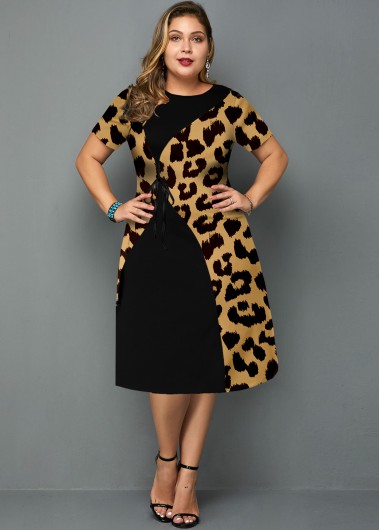 Modlily Plus Size Leopard Short Sleeve Round Neck Dress - 1X