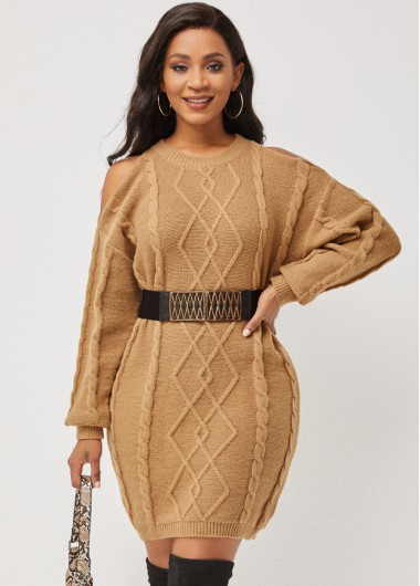 Modlily Cold Shoulder Light Khaki Cable Knit Sweater Dress - XL
