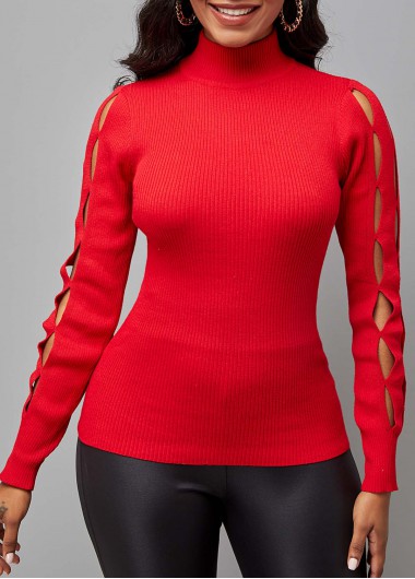 Modlily Red Turtleneck Long Sleeve Hollow Sweater - M