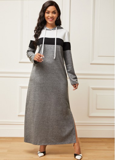 Modlily Drawstring Contrast Hooded Collar Long Sleeve Dress - M