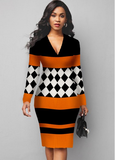 Modlily Plaid V Neck Long Sleeve Sweater Dress - M