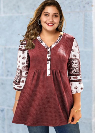Modlily Plus Size Tribal Print V Neck 3/4 Sleeve Tunic Top - 1X
