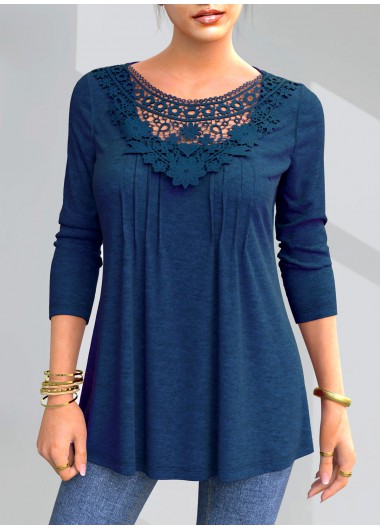 Modlily Lace Patchwork Solid Crinkle Chest Blouse - M