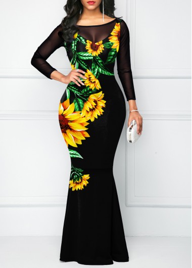 Modlily Bowknot Sunflower Print Mesh Stitching Dress - XL