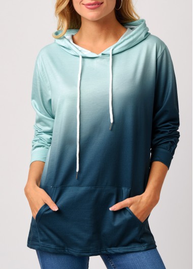 Modlily Ombre Color Block Kangaroo Pocket Hoodie - L