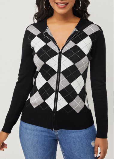 Modlily Checkered Print Hooded Collar Zipper Closure Cardigan - S