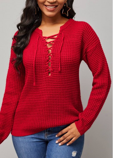 Modlily Lace Up Solid Long Sleeve Sweater - S