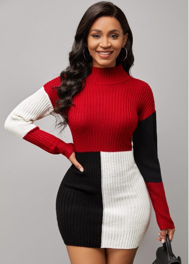Modlily Long Sleeve Color Block Sweater Dress - L
