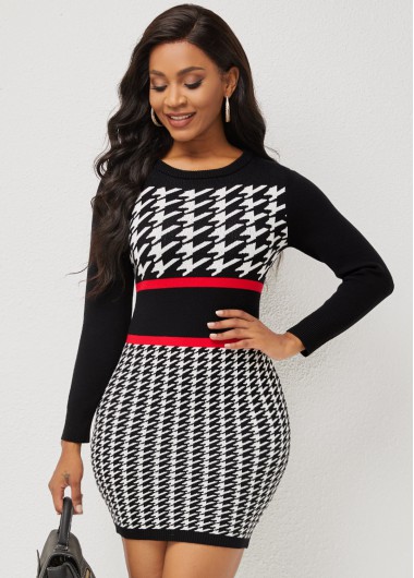 Modlily Houndstooth Print Long Sleeve Round Neck Sweater Dress - XL