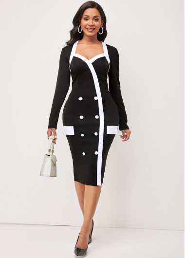 Modlily Long Sleeve Sweetheart Neckline Black Dress - M