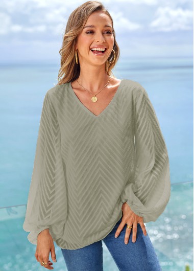 Modlily Lantern Sleeve V Neck Solid Blouse - S