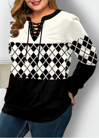Modlily Lace Up Plus Size Plaid Sweatshirt - 2X