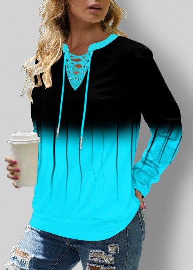 Modlily Cyan&amp;Black Ombre Split Neck Lace Up Detail Long Sleeve Sweatshirt - S
