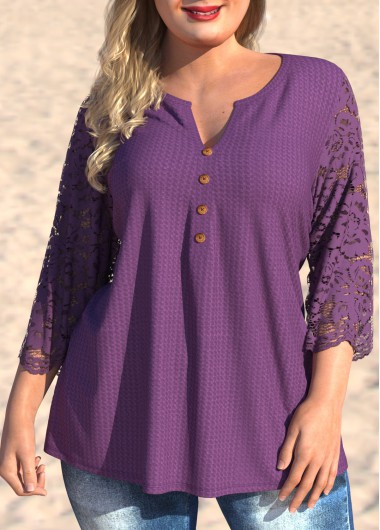 Modlily Lace Stitching Split Neck 3/4 Sleeve Plus Size Blouse - 1X