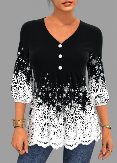 Modlily Lace Patchwork Christmas Snowflake Print V Neck Blouse - XXL