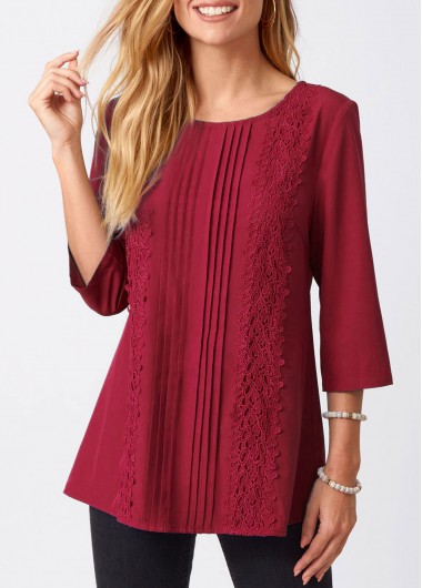 Modlily Lace Stitching Crinkle Chest Round Neck Solid Blouse - M