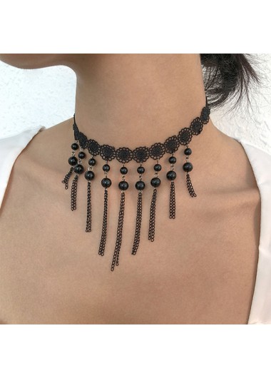 Modlily Black Lace Stitching Imitation Crystal Necklace - One Size