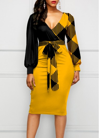 Modlily Plaid Belted Long Sleeve V Neck Dress - XL