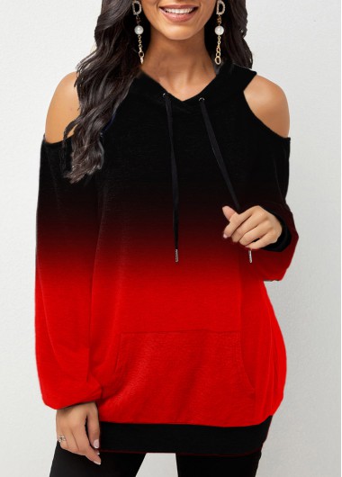 Modlily Cold Shoulder Ombre Print Long Sleeve Hoodie - M