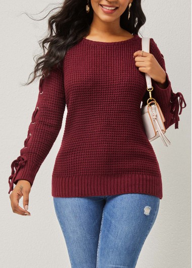Modlily Wine Red Lace Up Round Neck Sweater - L