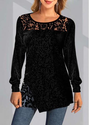 Modlily Lace Patchwork Solid Long Sleeve Round Neck Sweatshirt - M