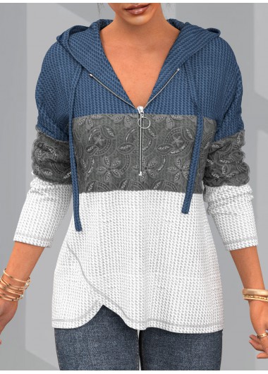 Modlily Lace Panel Long Sleeve Quarter Zip Hoodie - M