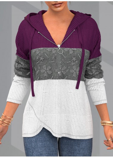 Modlily Long Sleeve Quarter Zip Contrast Lace Stitching Hoodie - M