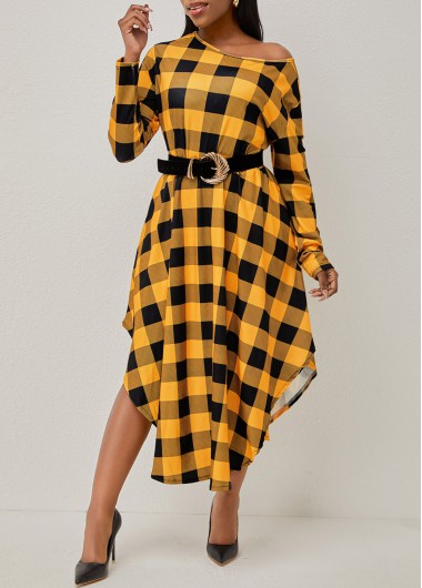 Modlily Asymmetric Hem Plaid Long Sleeve Dress - XL