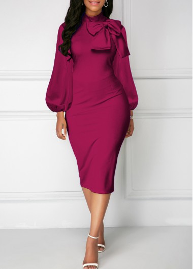 Modlily Lantern Sleeve Bowknot Solid Sheath Dress - M