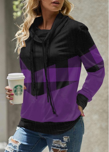 Modlily Drawstring Plaid Long Sleeve Cowl Neck Sweatshirt - M