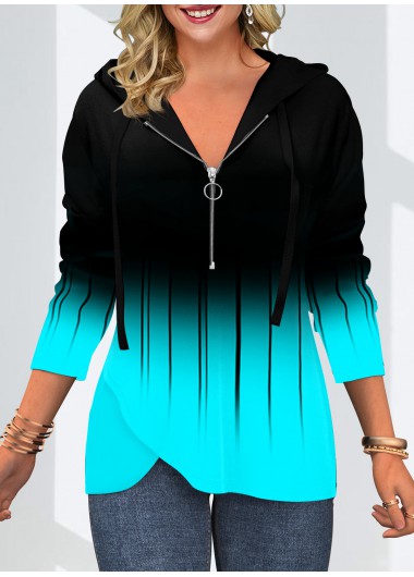 Modlily Quarter Zip Ombre Drawstring Long Sleeve Hoodie - M