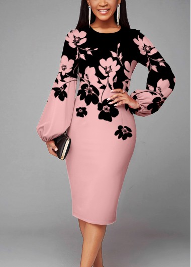 Modlily Puff Sleeve Floral Print Round Neck Dress - S