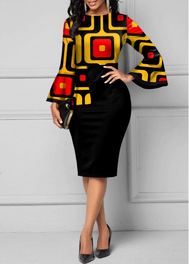 Modlily Layered Bell Sleeve Geometric Print Round Neck Dress - S