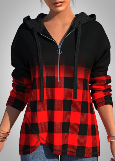 Modlily Asymmetric Hem Plaid Long Sleeve Hoodie - M