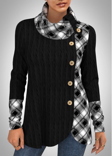 Modlily Decorative Button Plaid Long Sleeve Cowl Neck Sweatshirt - S