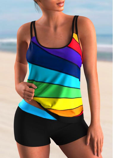 Modlily Stripe Print Rainbow Color Tankini Set - S