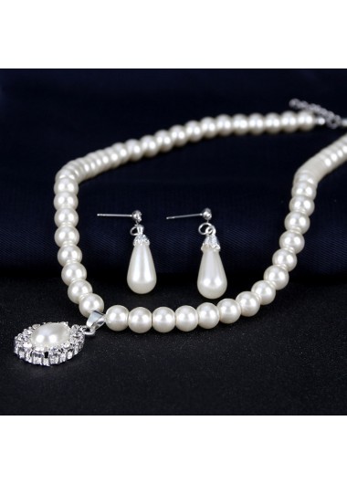 Modlily Pearl Cream Rhinestone Water Drop Shape Earrings and Necklace - One Size