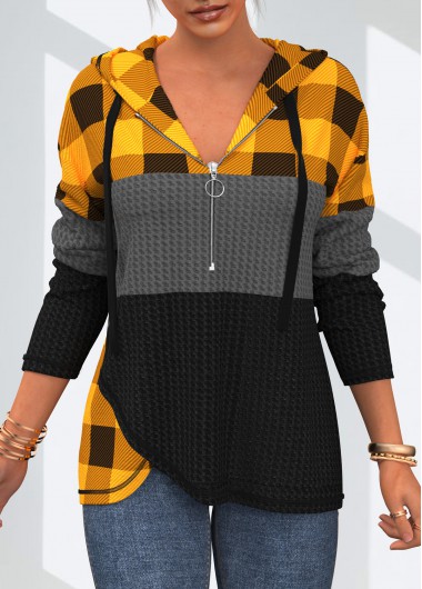 Modlily Quarter Zip Plaid Drawstring Crossover Hem Hoodie - L