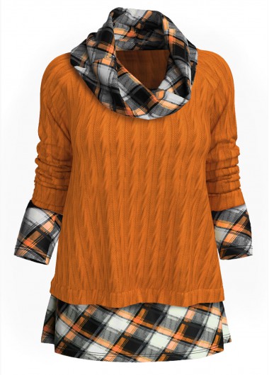 Modlily Twisted Pattern Plaid Cowl Neck Sweater - XXL