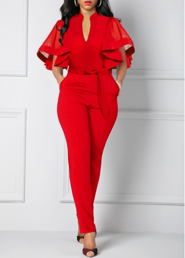 Modlily Solid Split Neck Ruffle Sleeve Jumpsuit - M