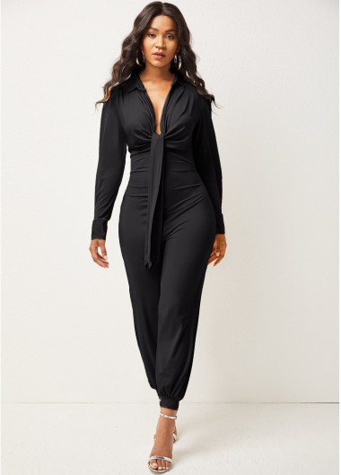 Modlily Deep V Neck Tie Front Long Sleeve Jumpsuit - M