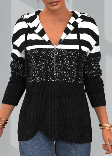 Modlily Stripe Print Contrast Sequin Zipper Detail Hoodie - M