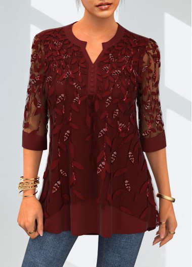 Modlily Lace Patchwork 3/4 Sleeve Split Neck Blouse - S