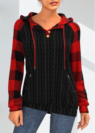 Modlily Twisted Plaid Long Sleeve Zipper Detail Hoodie - M