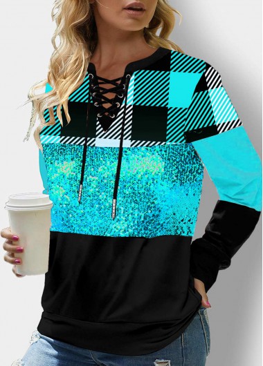 Modlily Plaid Cyan Lace Up Sequin Sweatshirt - M
