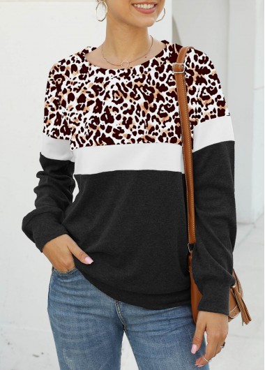 Modlily Leopard Long Sleeve Round Neck Sweatshirt - L