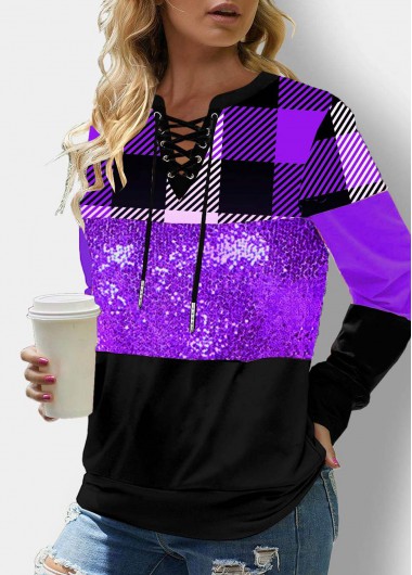 Modlily Lace Up Sequin Long Sleeve Plaid Sweatshirt - XXL