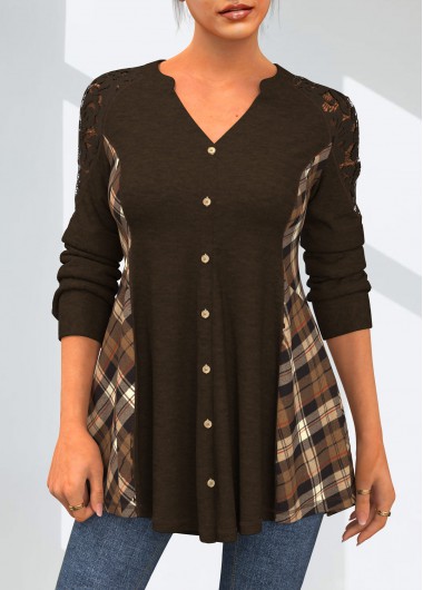 Modlily Lace Patchwork Plaid Long Sleeve Split Neck Blouse - S