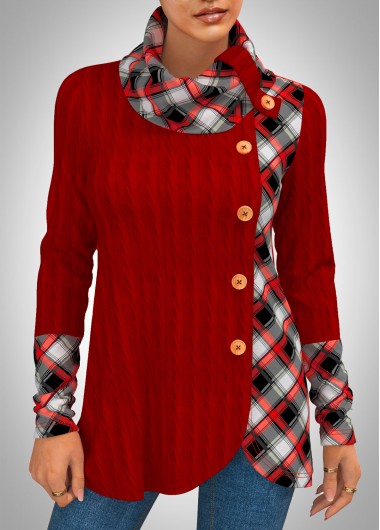 Modlily Decorative Button Christmas Plaid Twisted Red Sweatshirt - M