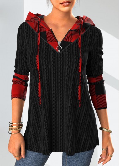 Modlily Black Plaid Twisted Long Sleeve Hoodie - S